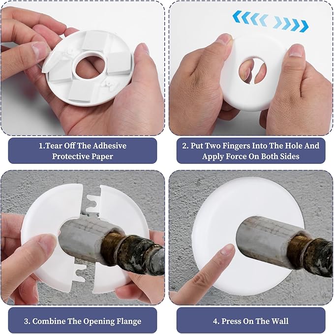 4pcs Escutcheon Plate, Self-Adhesive Plumbing Cover Plates, Round Escutcheon Plate for 0.7In Diameter Water Pipes, Wall Split Flange for Kitchen Toilet Faucet Decoration (White)