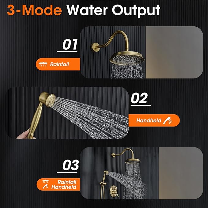 Antique Rainfall Shower System Bathroom Luxury Rain Mixer Shower Faucet Set with Pressure Balance Valve, Shower Combo Set with Rain Shower Head and Vintage Handheld Spray 9 inch Light Gold
