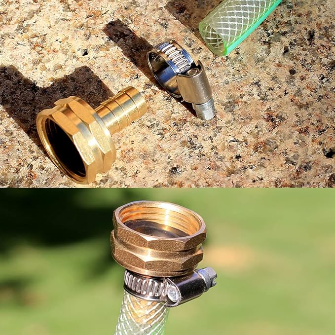 Solid Brass Garden Hose Repair kit Connector with Clamps 1/2" Barb x 3/4" Female,Fit for Garden Hose Fitting,Male and Female Hose Fittings