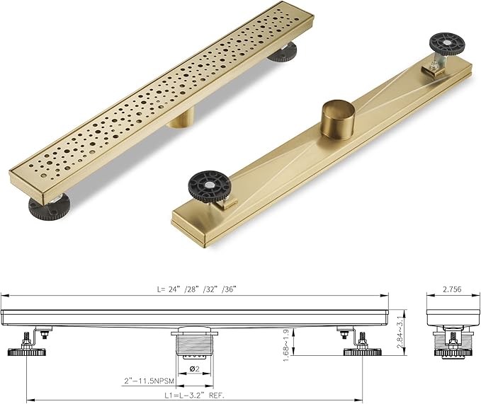 Linear Shower Drain 28 Inch, Bubbles Shower Drain SUS-304 Stainless Steel, 51L/Min Fast Drainage Floor Linear Drain, US Standard CUPC Certified, Zirconium Gold, SD-099