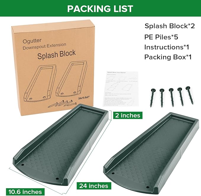 Splash Blocks for Gutters Downspouts, 24" Downspout Extensions for Rain Water Drainage, Thickened Gutter Splash Guard with Fixing Piles(2 Pack, Green)