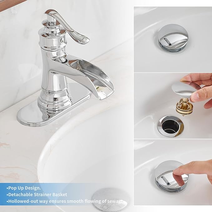 BWE Chrome One-Piece Bathroom Sink Drain Stopper Without Overflow Vessel Vanity Faucet Bathroom SinkPop-Up Drain Assembly with Strainer for Bathroom