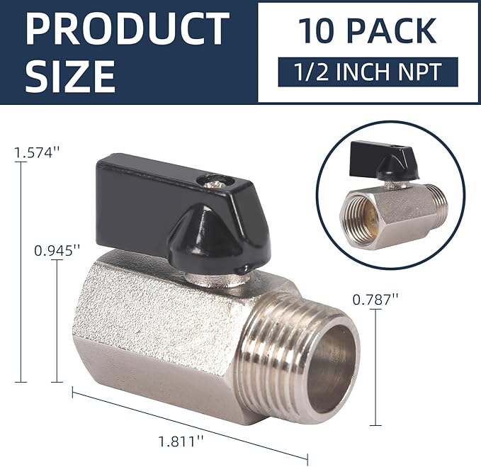 10 Pack 1/2'' Mini Brass Ball Valve 1/2 Inch Female x Male Threaded NPT Ball Valve Shut-Off Valve Plumbing Fitting for Water Oil Gas