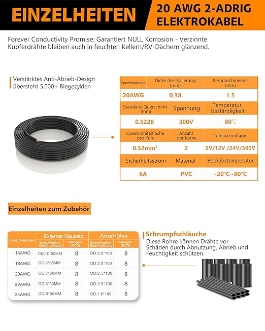 20 Gauge Electrical Wire 2 Conductor 20/2AWG 82.02FT Low Voltage Cable - Tinned Copper Stranded Core with PVC Insulation for LED Strip Lighting Installations, Automotive Marine Wiring Harness