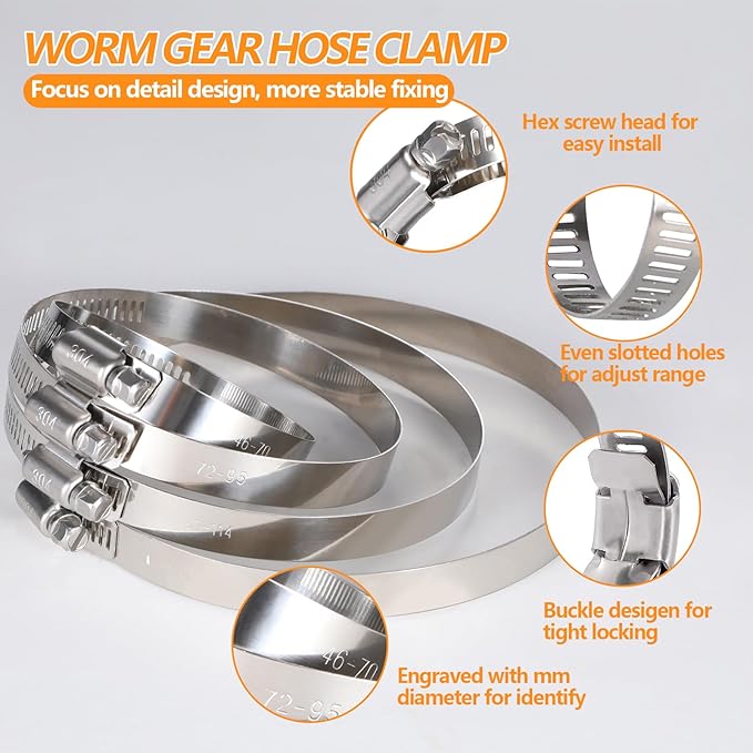 12Pack 2.5 inch Hose Clamp, Adjustable 304 Stainless Steel Duct Clamps Hose Clamp from 1-13/16"-2-3/4"/46-70mm, Metal Worm Drive Gear Duct Clamp for Air Ducting, Dryer Vent Hose, Fuel Line, Plumbing