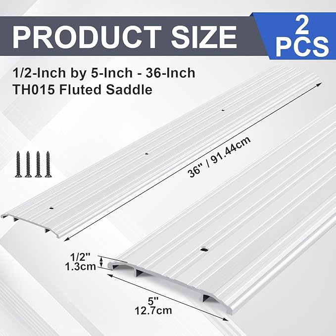 Tandefio 2 Pcs Door Saddle Threshold for Doorway Interior Sturdy Aluminum Commercial Fluted Saddle Door Threshold Durable and Sleek Doorway Entryway Access Draft Protection (5" X 1/2" X 36",Silver)