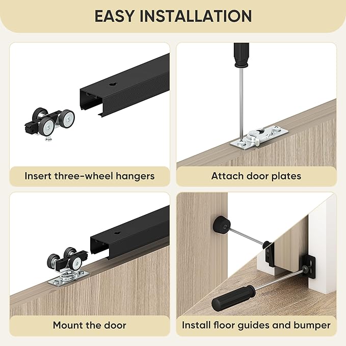 JUBEST 8FT Pocket Door Kit, Commercial Grade Sliding Pocket Door Hardware Kit, Aluminum Box Track 92.75", for Door 24"~48" Wide, Black Pocket Door Hardware,Easy to Install