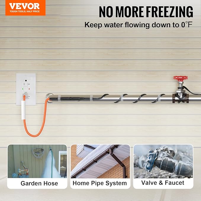 VEVOR Self-Regulating Pipe Heating Cable, 40FT 5W/FT Heat Tape for Pipes Freeze Protection, Water Pipe Heat Cable with Built-in Thermostat Protects PVC Hose, Metal and Plastic Pipe from Freezing