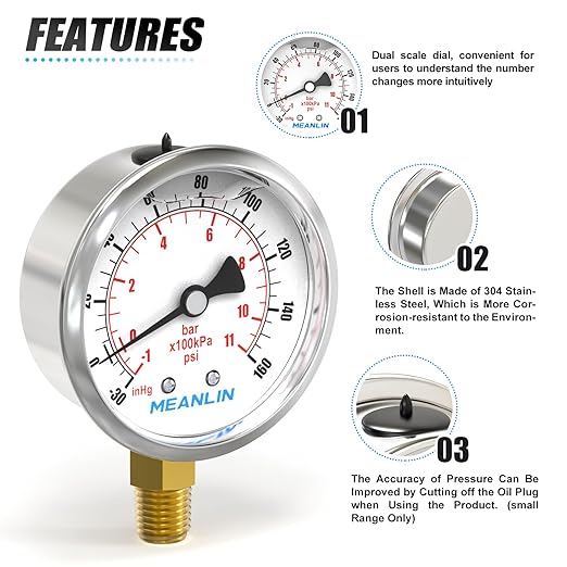 MEANLIN MEASURE -30inHG~160Psi Stainless Steel 1/4" NPT 2.5" FACE DIAL Vacuum Pressure Gauge, Lower Mount, with 1/4" x 1/2" NPT and 1/4" x 3/8" NPT Hex Bushing