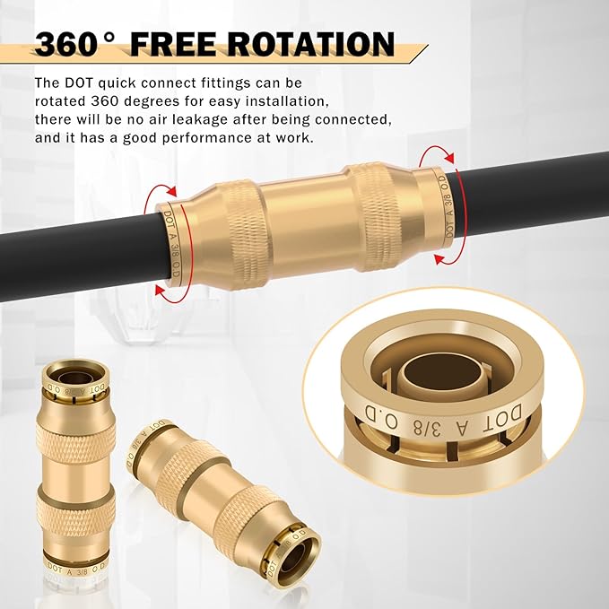 CheeMuii 23 PCS Brass DOT Air Line Fittings Kit 1/4 3/8 1/2 DOT Quick Connect Air Fittings Straight Union Push to Connect Air Hose Fittings for Semi Truck Trailers Air Brake System