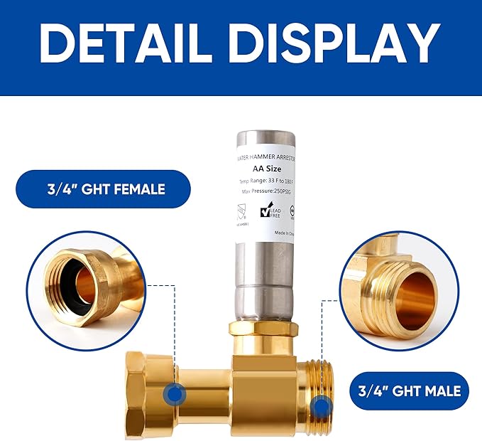 Tee Stainless Steel Water Hammer Arrestor for Washing Machine, 3/4 Inch Swivel FHT x 3/4 Inch MHT, Protect Your Plumbing from Noise and Damage, Straight(Pack-2)
