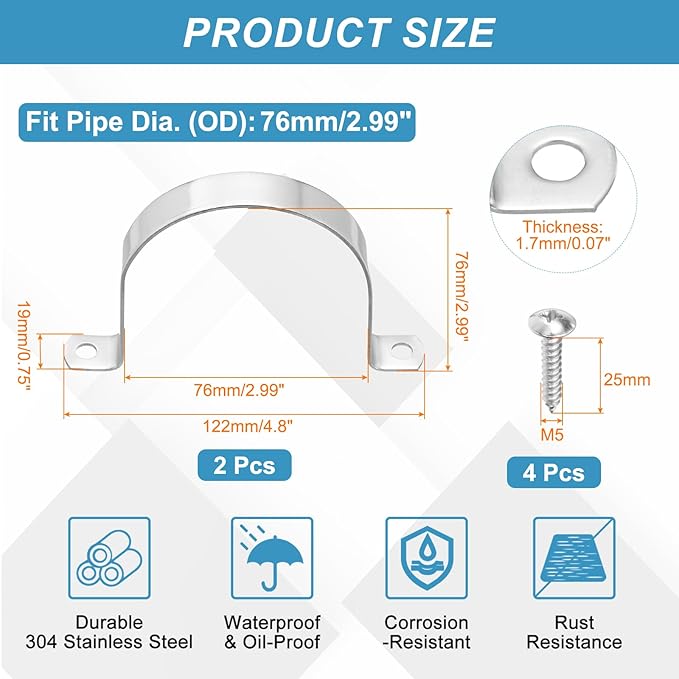 uxcell 2Pcs 76mm(3") Two Hole Rigid Pipe Strap, 304 Stainless Steel Conduit Clamp Thicken U Bracket Heavy Duty Pipe Clamp with Self-Tapping Screws for Fixing Tube Cable, Silver