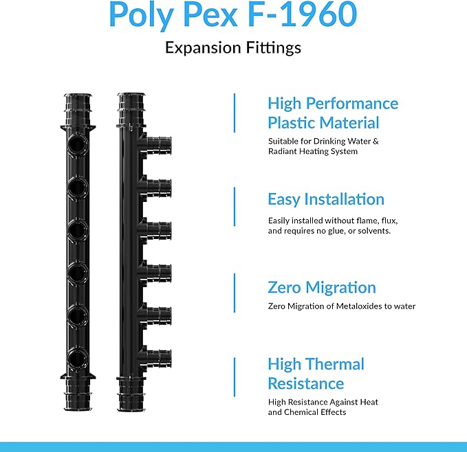 PEX A Manifold 6 Ports – 3/4" Trunk Ports, 1/2" Service Ports, Two Sides Open – Plastic PEX-A Expansion Manifold for Radiant Heating & Water Distribution – Pack of 2