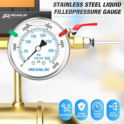 MEANLIN MEASURE 0~5000Psi Stainless Steel Liquid Filled Pressure Gauge 2.5" FACE DIAL 1/4" NPT for WOG Water Oil Air Back Mount with Stainless Steel Hex Bushing and Snaps