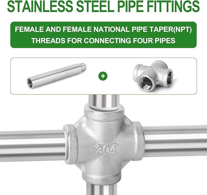 TAISHER 1PCS Stainless Steel 4 Way Pipe Fittings, 1-1/2" x 1-1/2" x 1-1/2" x 1-1/2" NPT Female Pipe Fittings