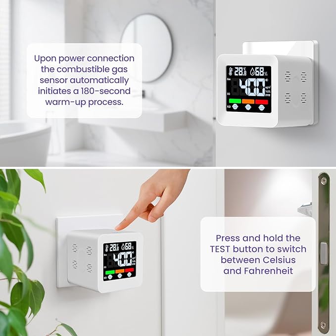Plug-in 4-in-1 Gas & CO Detector with Temp/Humidity - Natural Gas, Propane & Methane Detector for Home, RV & Apartments (1, White-Beep Edition)