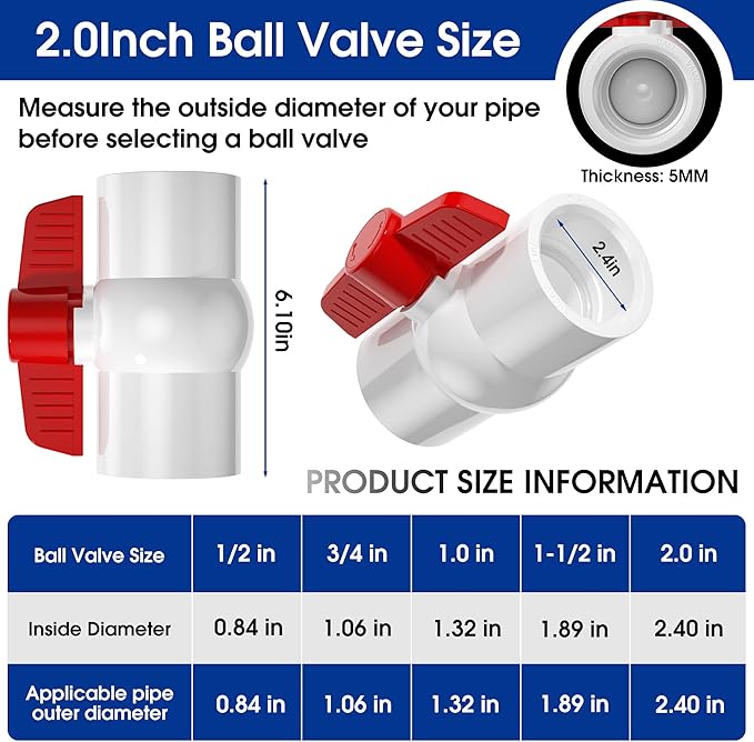 2 Pack 2'' PVC Ball Valves,Red T Handle Shut-Off Valve Socket,SCH40 PVC Water Pipe Valves,Slip Water Pipe Valve for Water Project, Swimming Pool,Sewage Pump, Outdoor Plumbing & Irrigation System