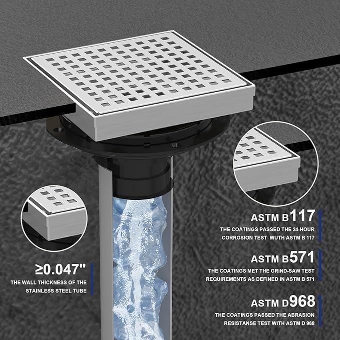 Square Shower Drain | 6 Inch AISI 304 Stainless Steel Shower Drain Kit with ABS Flange, Hair Strainer, Brushed Nickel Shower Floor Drain with Removable Grid Cover, in Bathroom, Kitchen, Balcony etc.
