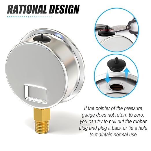 MEANLIN MEASURE -30inHG~160Psi Stainless Steel 1/4" NPT 2.5" FACE DIAL Vacuum Pressure Gauge, Lower Mount, with 1/4" x 1/2" NPT and 1/4" x 3/8" NPT Hex Bushing