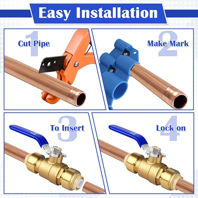 Push Fit Ball Valve, 2pcs 3/4 Inch x 3/4 Inch Push-to-Connect Water Shut Off Valve with 1 Disconnect Clip, Brass Plumbing Water Valve, Pex Push Ball Valve, Used for PEX or PVC Tubing or Copper Pipes