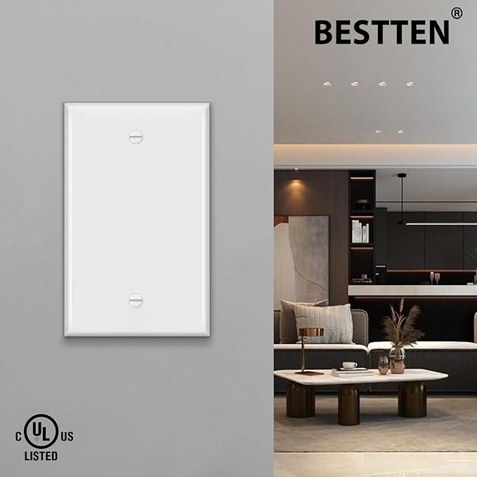 BESTTEN 10 Pack 1-Gang No Device Blank Wall Plate, UL Listed, Standard Size, H4.53” x W2.76”, Unbreakable Polycarbonate Thermoplastic Outlet Cover, White