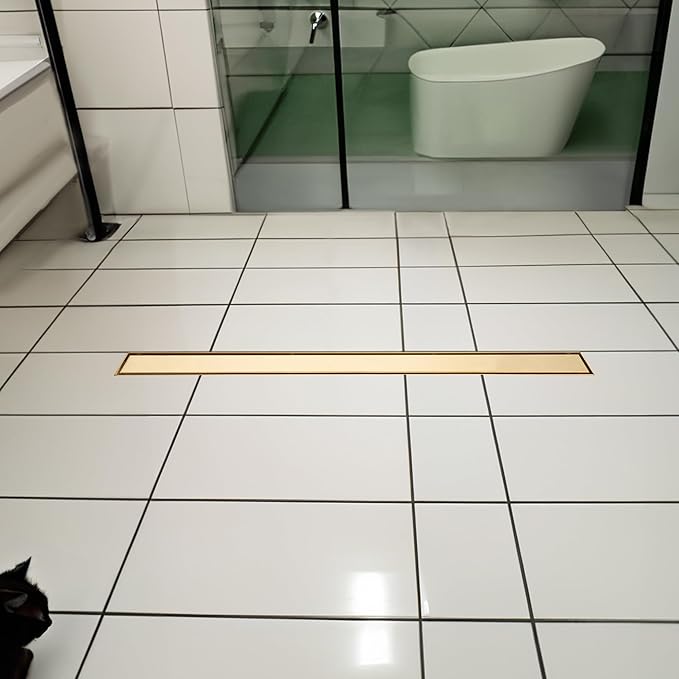 36 inch Linear Shower Drain with Removable Square Hole Panel by Using Brushed 304 Stainless Steel Process, Linear Drain Equipped with Adjustable Feet and Hair Strainer(Brushed Gold Color)