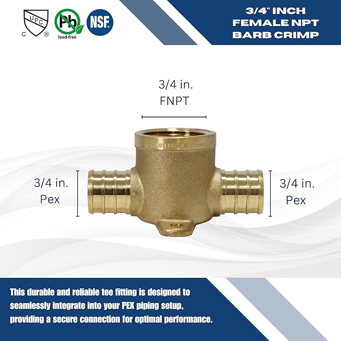 XFITTING Barb Crimp Pex 3/4 inch x 3/4 inch x 3/4 inch Female NPT Tee, Pex Female NPT Tee, 26-2-6=2XX, 2 Pieces