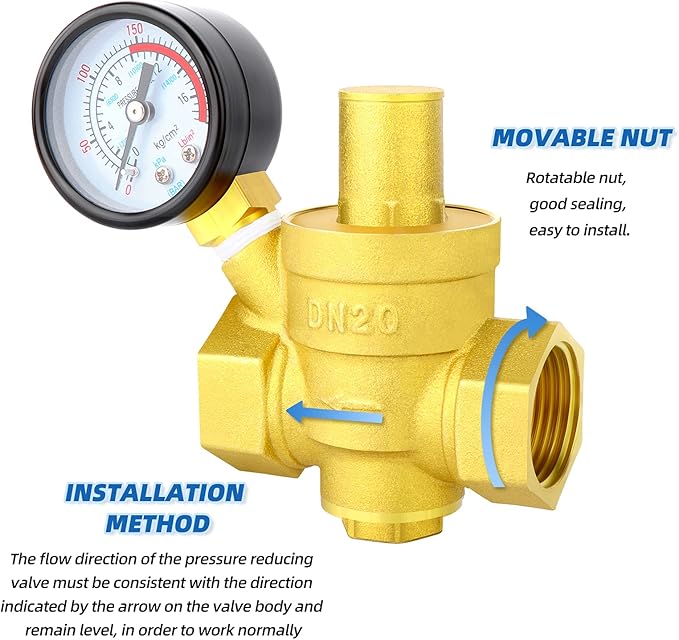 MEANLIN MEASURE 3/4 inch brass Water pressure regulating valve, pressure regulating valve, pressure reducing valve, DN20, with 0-250PSI pressure gauge Yellow