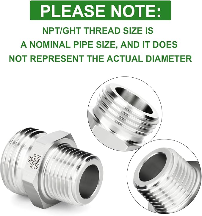 TAISHER 2PCS 304 Stainless Steel Garden Hose Adapter, 3/4" GHT Male x 1/2" NPT Male Garden Hose Connector with Washers