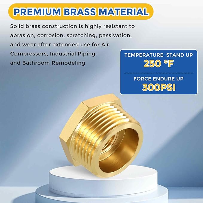 2 Pack Brass Pipe Fittings, 1" NPT Male to 3/8" NPT FeMale Brass Hex Bushing Reducer, Hose Tube Threaded Adapter for Air, Oil, LP