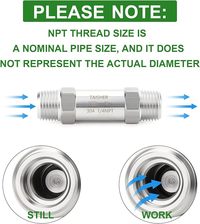 TAISHER 1PCS 304 Stainless Steel 1/4" NPT Male Check Valve,Backflow Prevention,One Way Non-Return Check Valves