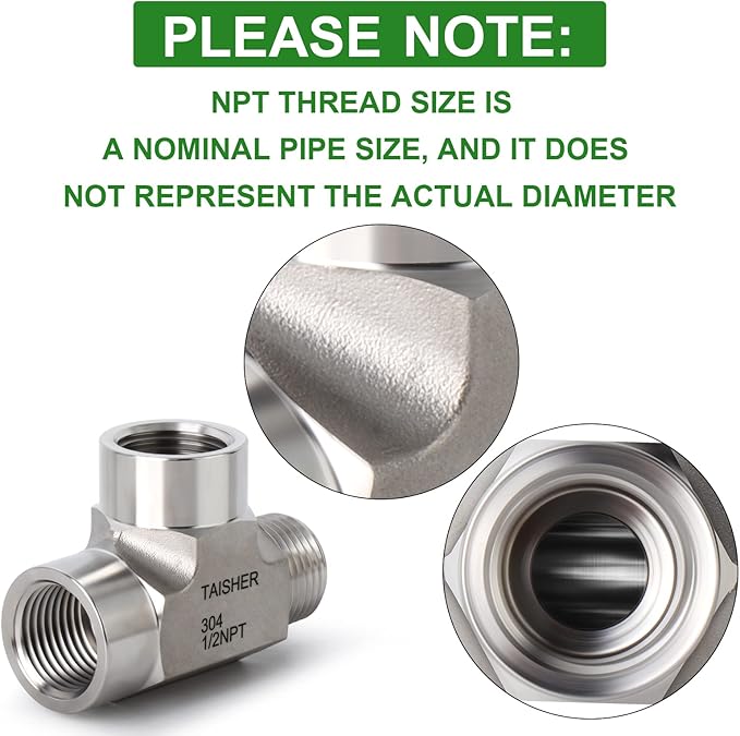 TAISHER 1PCS Forging of 304 Stainless Steel Tee Pipe Fittings, 1/2" NPT Female x 1/2" NPT Female x 1/2" NPT Male Pipe Fittings, Male Run Tee