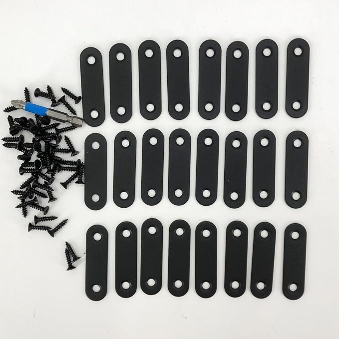 QSJ 24 Pcs Black Straight Bracket Mending Plate for Wood Stainless Steel Straight Brackets 56mm / 2.2" Wood Brace with Screws and Screwdriver