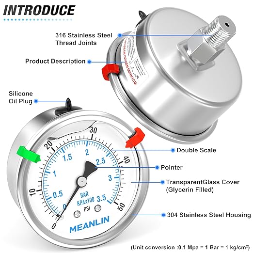 MEANLIN MEASURE 0~50Psi Stainless Steel Liquid Filled Pressure Gauge 2.5" FACE DIAL 1/4" NPT for Pool Sand Filter Water Oil Air Pressure Test Back Mount with Stainless Steel Hex Bushing and Snaps