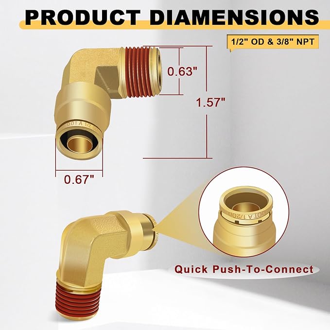 Siptenk 1/2" Elbow DOT Brass Push to Connect Air Line Fittings 5 PCS, 1/2" OD Tube x 3/8" NPT Thread Air Brake Line Quick Connect Fittings for Truck Trailers Industry Air System