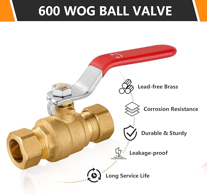 50 PCs HeSun Compression Ball Valve, 1/2'' Compression Brass Full Port Shut-off Valve, 600 WOG (Water, Oil and Gas), Red(VALVE114-50)