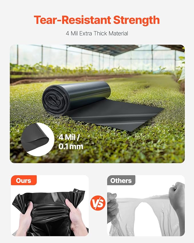 VEVOR 3FT x 50FT Plastic Sheeting Heavy Duty, 4 Mil Thick Plastic Sheeting Roll, Plastic Drop Cloth Painters Tarp, Polyethylene Covering for Crawl Space Vapor Barrier, Multi-Purpose, Black