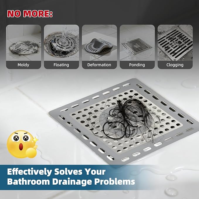 Hibbent Upgraded Shower Drain Hair Catcher, Shower Drain Cover for Bathroom Floor 4" Drain, Anti-Clogging Bathtub Drain Strainer, Stainless Steel Kitchen Sink Drain Strainer with Handle, Grey
