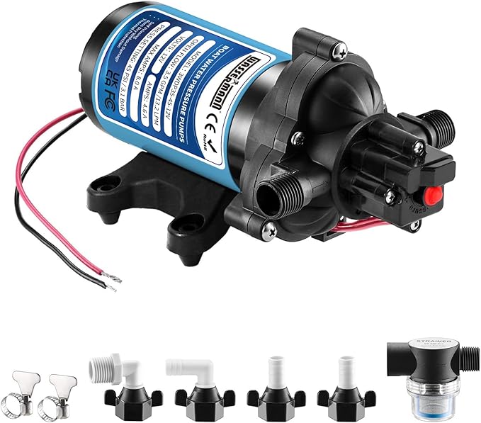 WASSERMANN 12V DC RV Diaphragm Pump, 3.5GPM 45PSI 1/2"NPSM Connection, 3-Chamber Self-Priming Pressure Water Pump with Pressure Switch for RV Marine Camping Yacht Garden,
