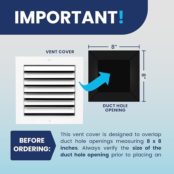 8x8 Inch (Duct Opening) Aluminum 1-Way Air Flow Vent – HVAC Vent Cover for Wall or Ceiling – Quiet HVAC Wall Register - Multi-Shutter Damper – Adjustable Curved Blade - Plastic Seal for Tight Fit