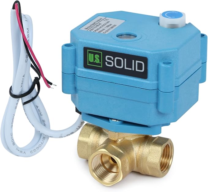 U.S. Solid 3/8" 3 Way Brass Motorized Ball Valve L Type AC/DC9-24V, Water Shutoff Valve with Manual Function, Standard Port, NOT for Drinking Water