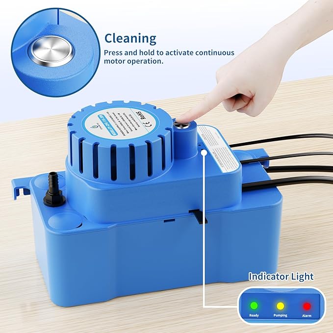 ZLR Condensate Pump for HVAC - 230V 90GPH 1/30HP Automatic Condensate Removal Pump with Safety Switch, Indicator Light and Cleaning Button - Condensation Pump for Air Conditioner, Dehumidifier