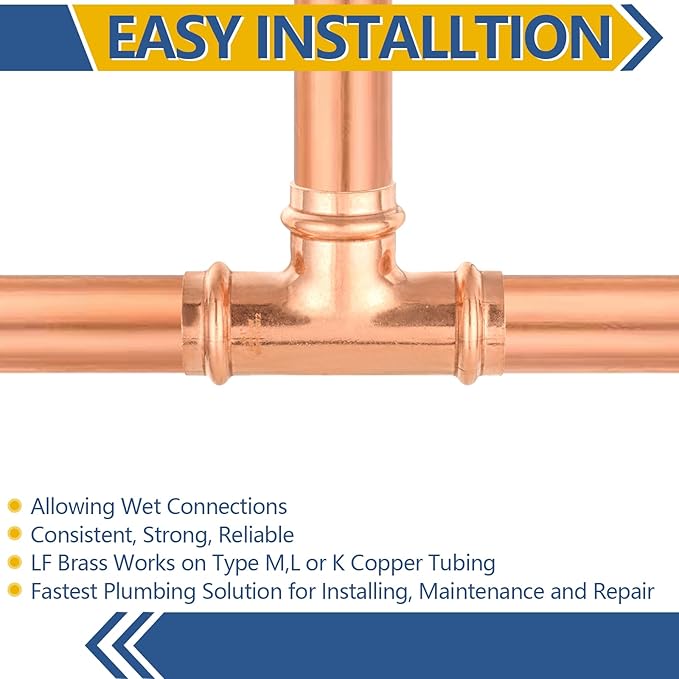 100-Pack GUOFIS Copper Press Tee,1" x 1"x 1" Tee Fittings for Copper Tube Connection with Stop(PRESS017-100Pack)