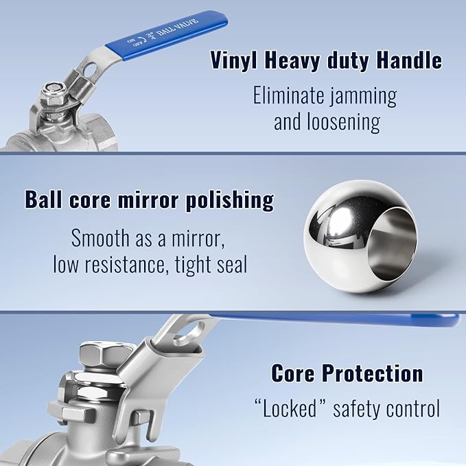 2 Pack 3/4'' Ball Valves NPT Female Stainless Steel 304 Full Port Locking Ball Valve Handle, Heavy Duty Shut Off Valve for Home and Industrial (3/4 Inch)
