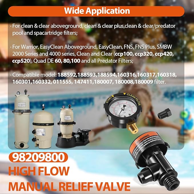 98209800 High Flow Manual Relief Valve/Air Relief Manual Valve Assembly with Pressure Gauge, Replacement for Pool and Spa Filter (98209800+87300400)