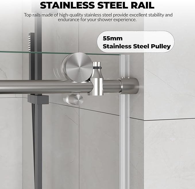 Sliding Shower Door for 56-60" x 76" Opening, 6mm Coated Tempered Glass, One Fixed & One Sliding Panel, Stainless Steel Round Rail, Brushed Nickel Finish, Semi-Frameless Design