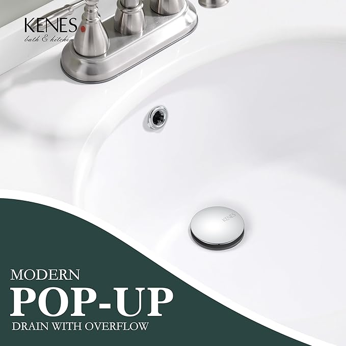 KENES Chrome Bathroom Pop Up Sink Drain with Overflow, Lavatory Bathroom Vanity Sink Drain Stopper, Sink Drain Assembly with Overflow Anti Clog Pop Up Drain