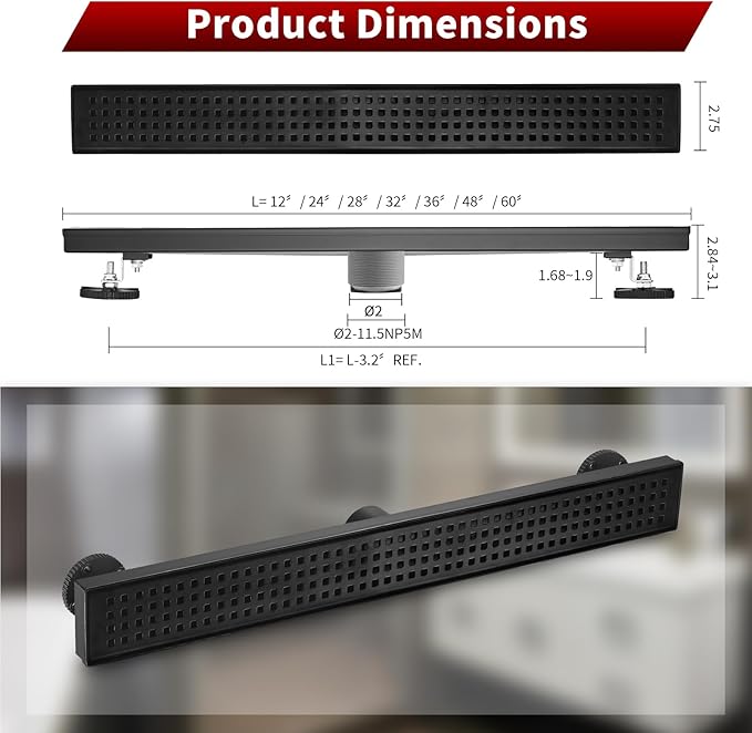Sharp-tec 24 inch Linear Shower Drain, Black Rectangular Floor Drain, V-Shape Design Drain Channel, 304 Stainless Steel, cUPC Certificated for Bathroom Shower (Drain Base is Not Included)