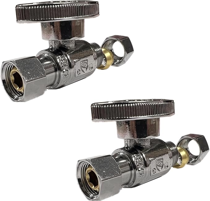 (2Pc) EZ-Fluid Plumbing Straight Angle Stop Valve 3/8-Inch O.D Female Compression x 3/8-Inch O.D Male Comp.Lead-Free Brass Quarter Turn Water Shut Off Repair Add On Stop Ball Valve