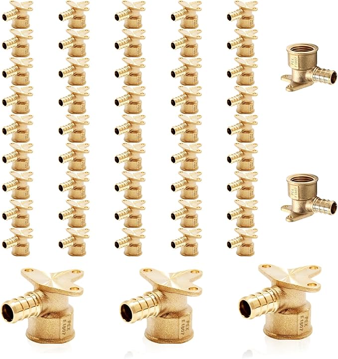(50-Pack) PEX Fittings, Pex 1/2" x 1/2" Female Threaded NPT Drop Ear Elbow Adapter, Brass Crimp Fittings, for PEX Tubing Pipe Plumbing, ASTM F1807(PEX1807159-50Pack)